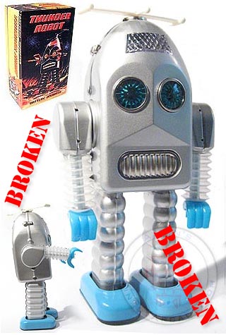 Thunder Robot : Broken : Silver and Blue Battery Operated Tin Toy