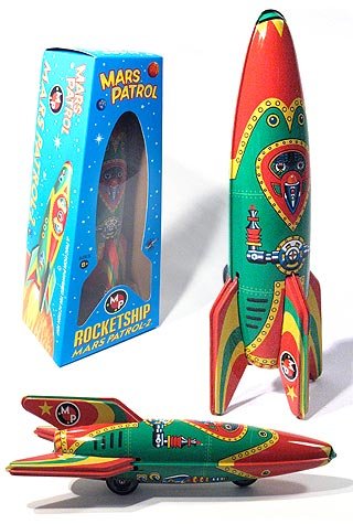 Red Green Rocketship Mars Patrol Rocket Classic Friction Tin
